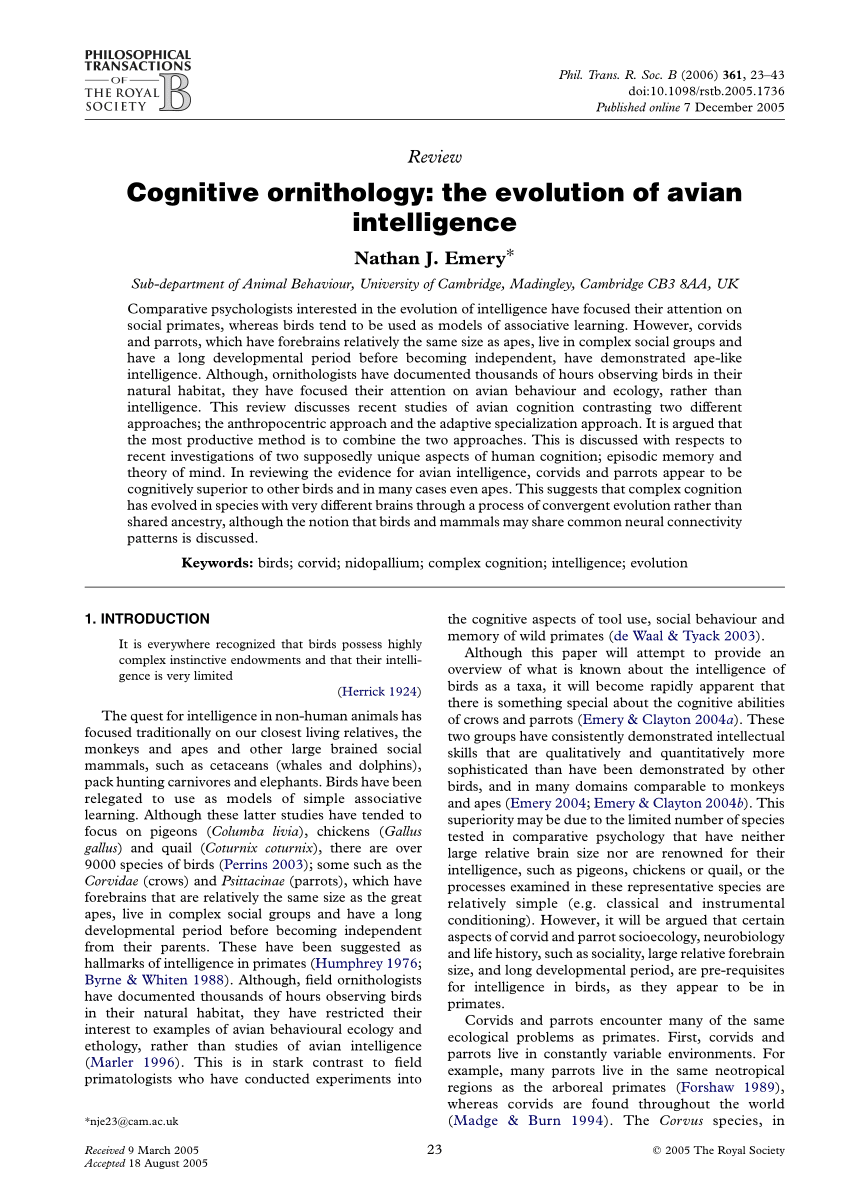 “Cognitive Ornithology: The Evolution of Avian Intelligence”