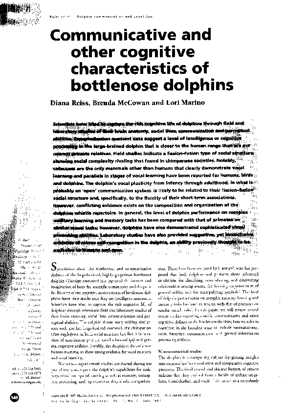 “Communicative and Other Cognitive Characteristics of Bottlenose Dolphins”